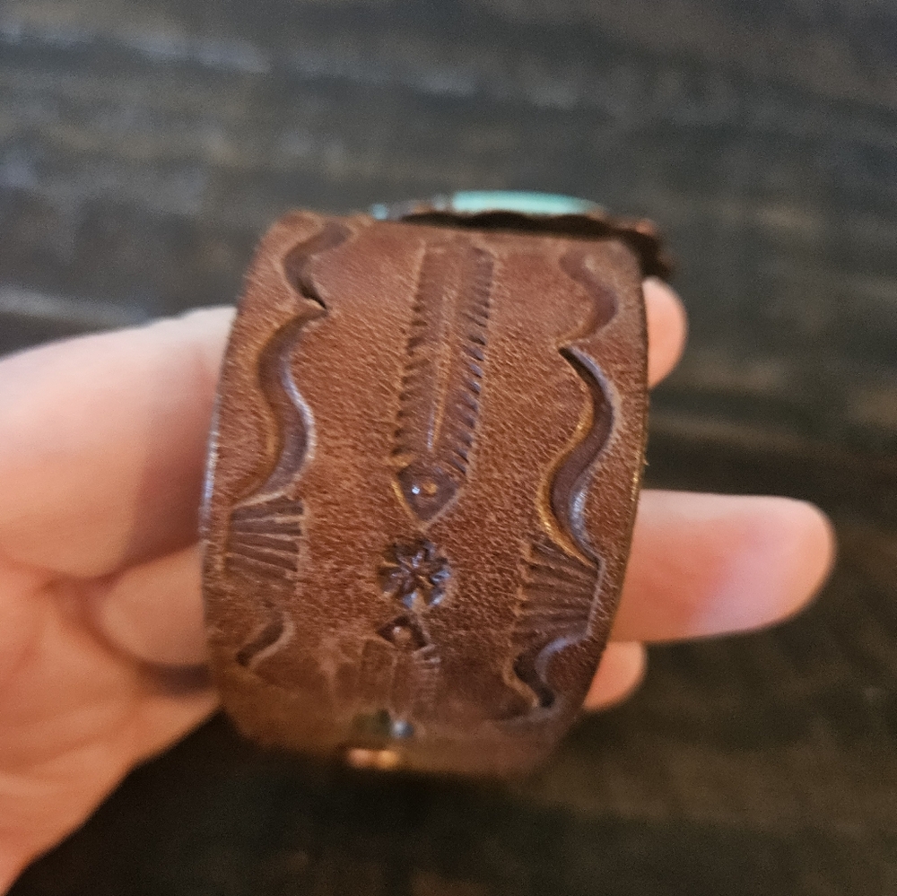 Vintage Handcrafted Turquoise Leather Belt Bracelet - Picture 5 of 10
